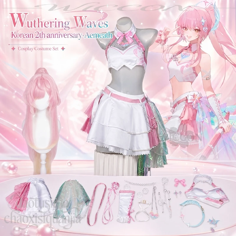 Anime Game Wuthering Waves Korean 2th Anniversary Cosplay Aemeath Costume Kawaii Idol Uniform Dress Sweet Lolita Wigs Halloween