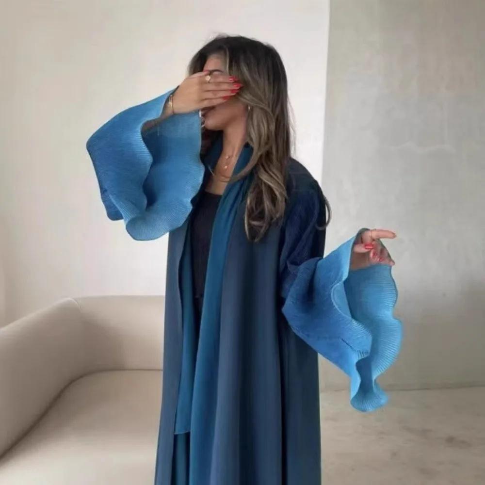 Miyake Pleated Long Outer Coat Women's Fashion Temperament Gradually Change Color Cardigan Lapel Fattened Scarf Trench Coat