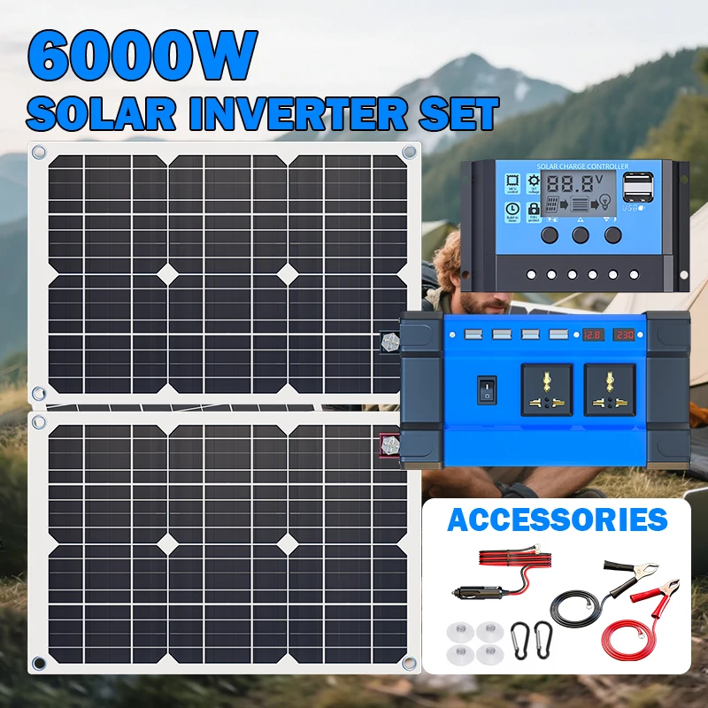 6000W Complete Solar Power System Kit | 2x300W Solar Panel + 12V To 220V Inverter + 30A Controller, Off-Grid Generator for Home
