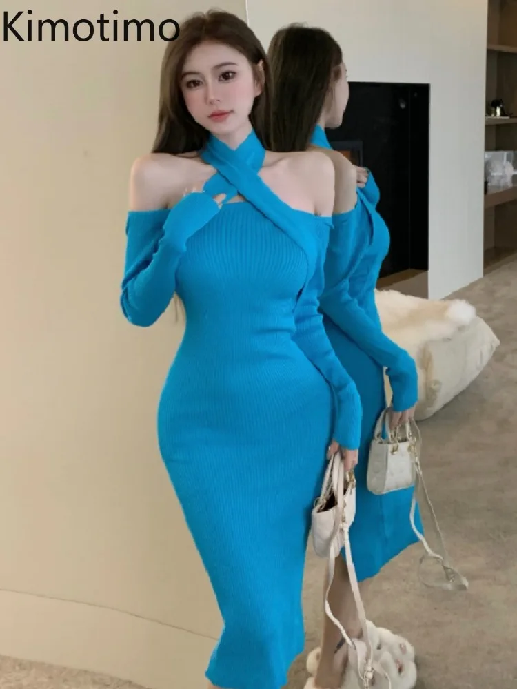 Kimotimo Halter Off Shoulder Knitted Dress Women French Sexy Long Sleeve High Waist Slim Split Mid Length Party Sweater Dresses