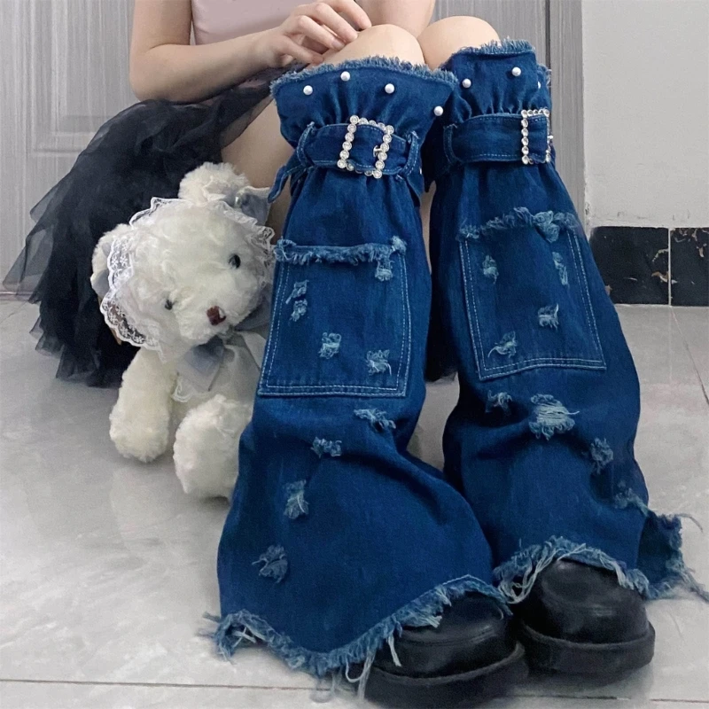 

Fashion Harajuku Denims Leg Covers with Pocket Pearls Rhinestones Buckled Punk Jeans Flared Socks Leg Warmer for Women