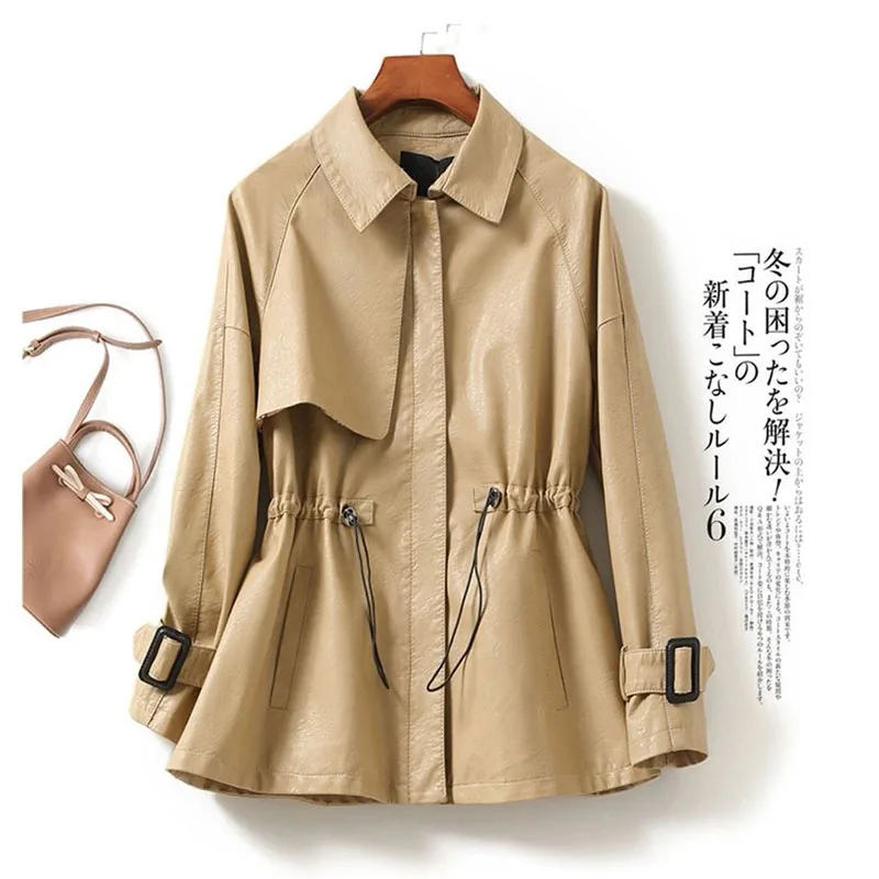 Trench in pelle di pecora per donna Cintura con lacci Capispalla in pelle crosta 2024 Colletto alla coreana Giacca da donna in pelle di agnello da donna