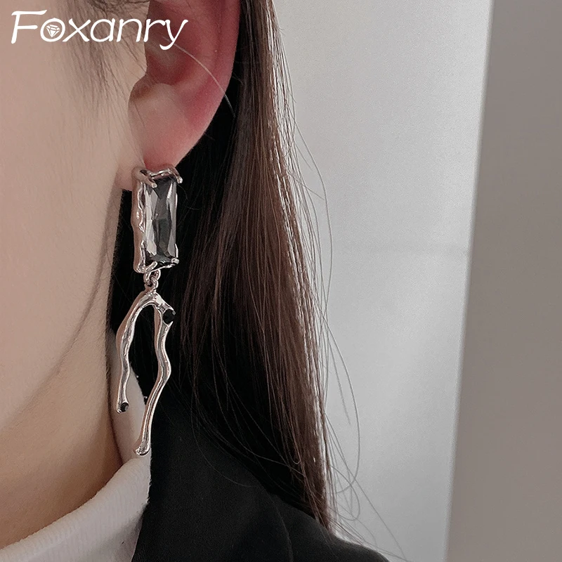 Foxanry Vintage Punk Black Zircons Stud Earrings for Women New Fashion Creative Irregular Geometric Handmade Party Jewelry Gifts