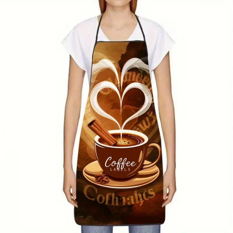 Heart-Shaped Coffee Cup Print Apron, 1-Piece, Unisex, Kitchen Cooking Cover-Up