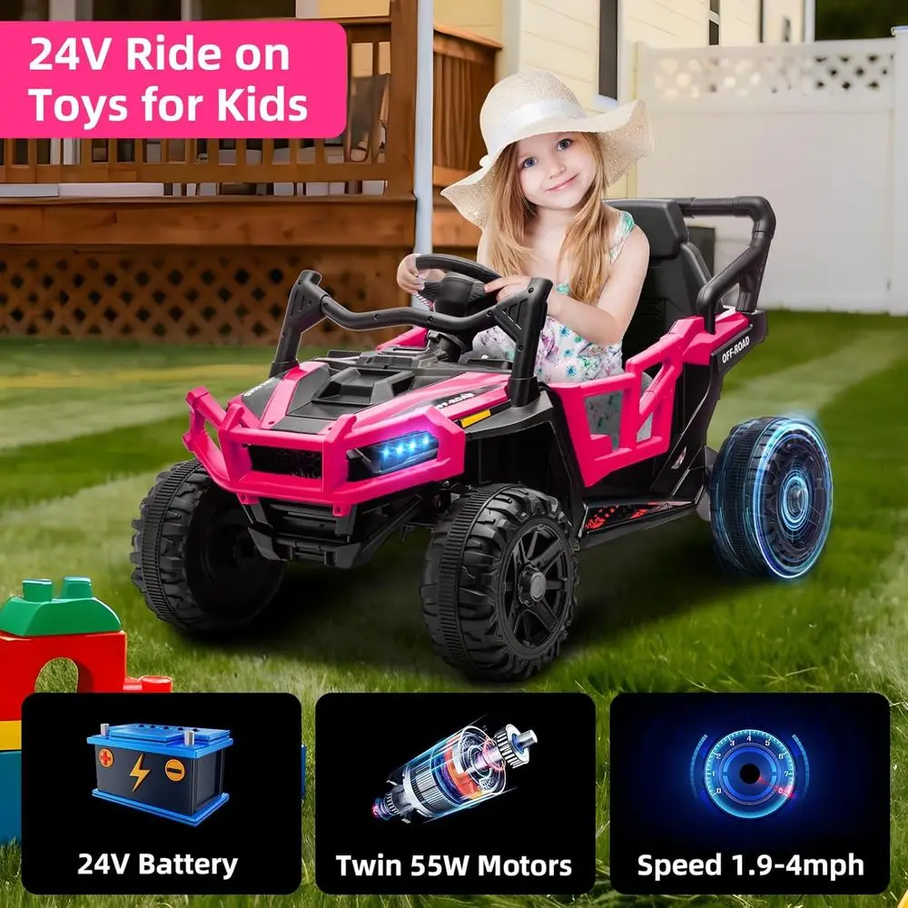24V Kids Ride on Truck Car Remote Control, Twin 55W Motors 4MPH Max Speed Off-Road UTV, Bluetooth Music, Suspension System Safet