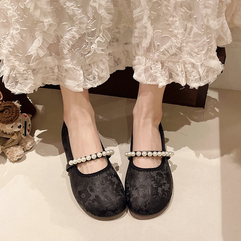 

Slip-on Round Toe Pearl Women's Flat Mary Jane Shoes Trend High Quality Fashion Korean Style Social Casual Ladies Footwear