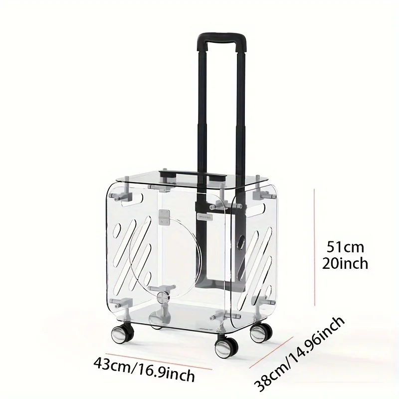 Portable Pet Cat Carrier Suitcase with Wheels, Transparent Hard PC Material, Zip Closure, Telescopic Handle, Breathable Mat,