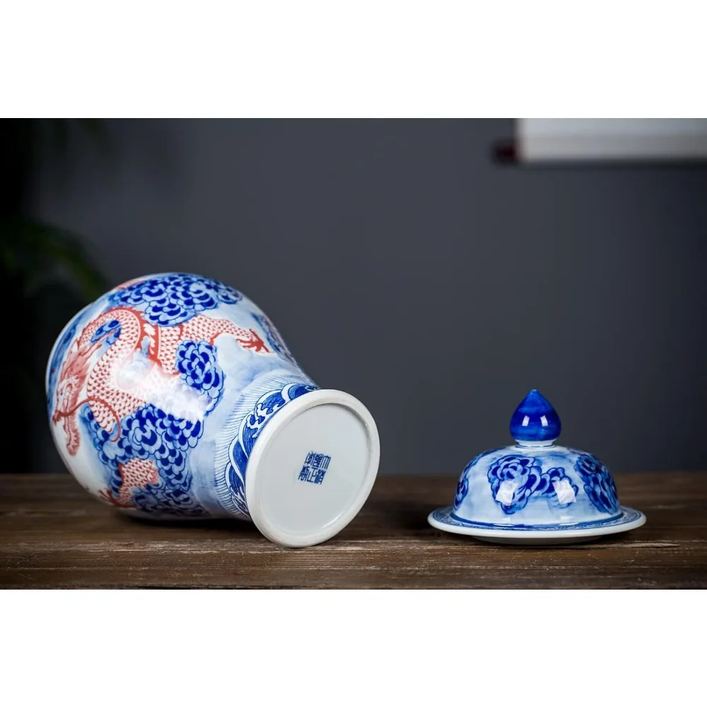 Handcrafted Blue & White Porcelain Ginger Jar with Lid, Decorative Dragon Design