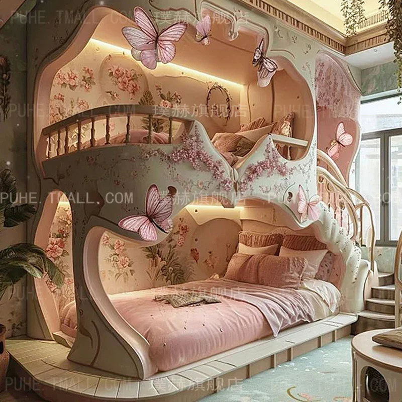 New children's bed up and down bed Tree house girl bed 2024 new pink light luxury luxury princess castle
