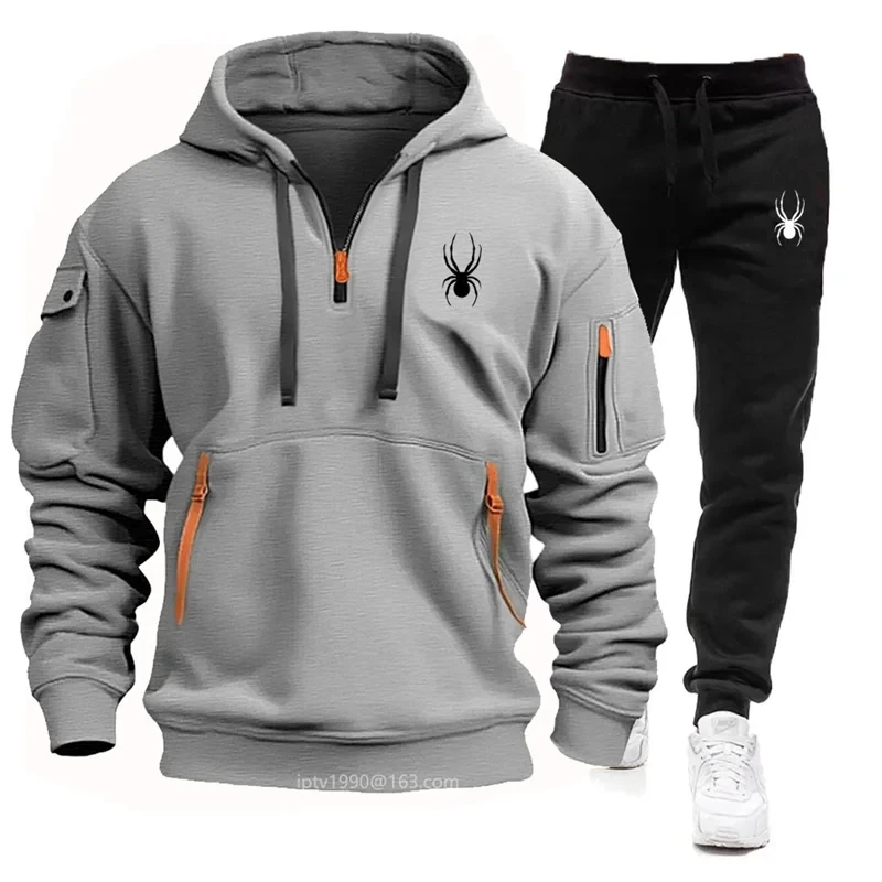 2024 New Spring and Autumn Men\'s multi-pocket Zipper hoodie + Sweatpants 2-pce set jogging leisure fitness sports clothing suit