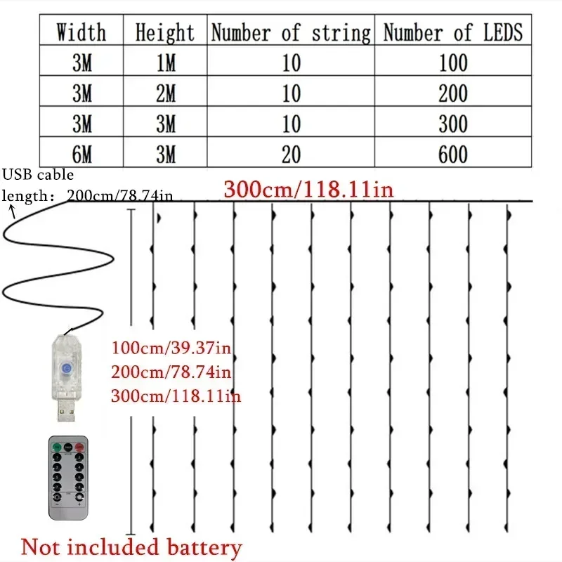 USB 8 Modes Fairy Garland Lights LED Curtain String Lights  with Remote Control for Bedroom Wedding Christmas Home Decoration