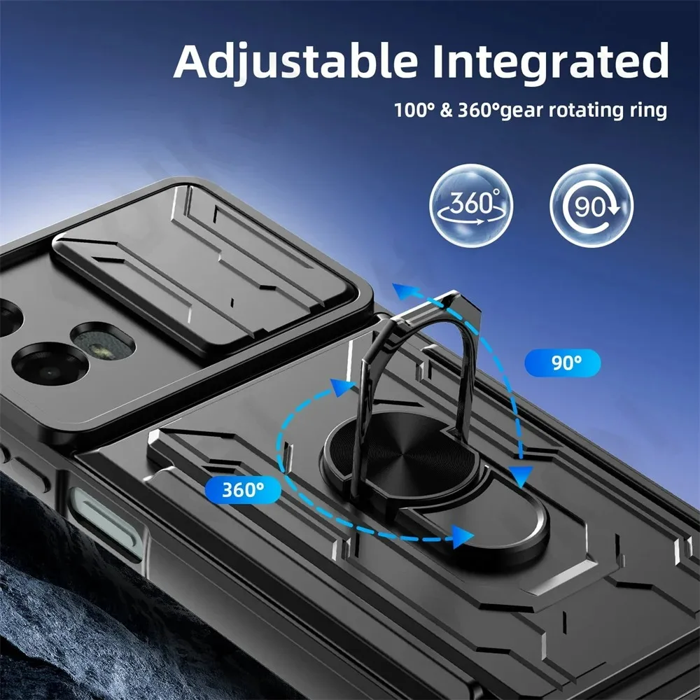 Etui na Motorola Moto Edge 60 50 Fusion Pro Neo G86 G56 G35 G15 z uchwytem na karty, wysuwaną osłoną aparatu, pierścieniem, podstawką, pancerne etui z podpórką.