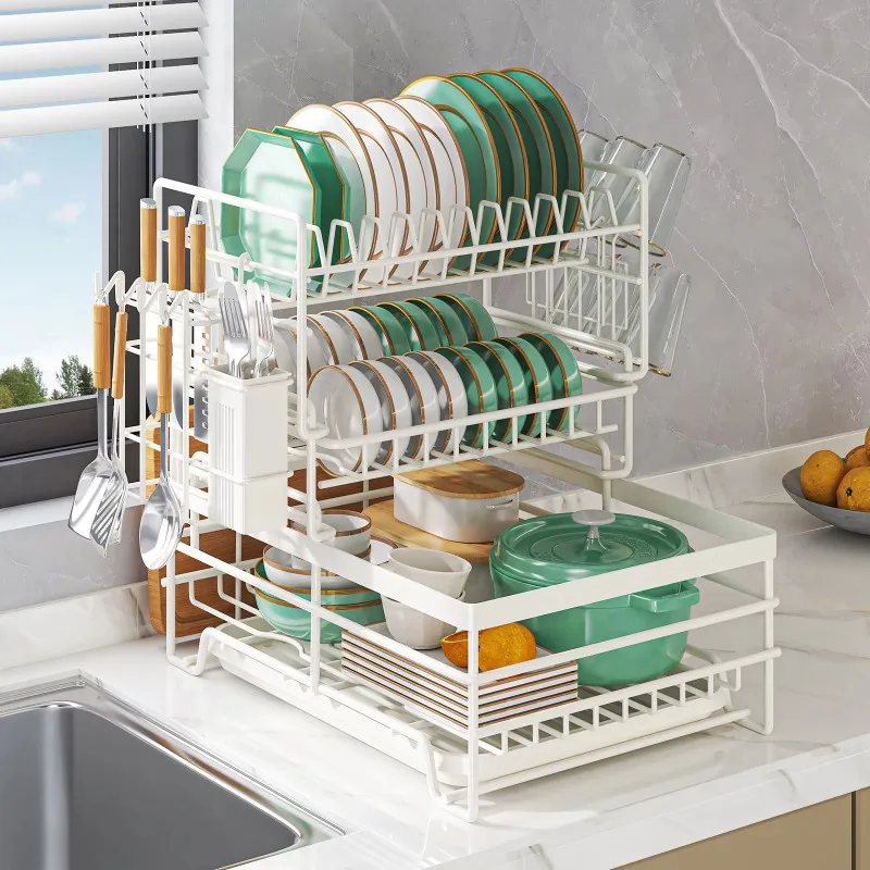 Large Capacity Dish Drying Rack with Drain Tray Cutlery Holder Hooks and Cutting Board Rack Kitchen Countertop Organizer