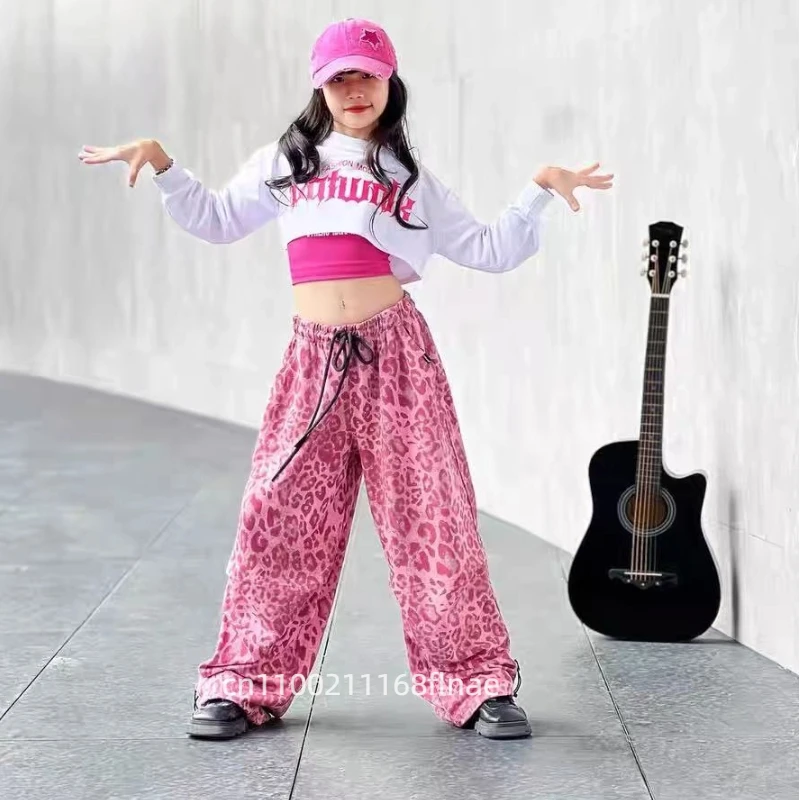 Street Dance-Kostüme für Kinder, Dopamin-Pulver-Weste für Mädchen, Hosen mit Leopardenmuster, Jazz-Dance-Performance-Kostüme-Sets