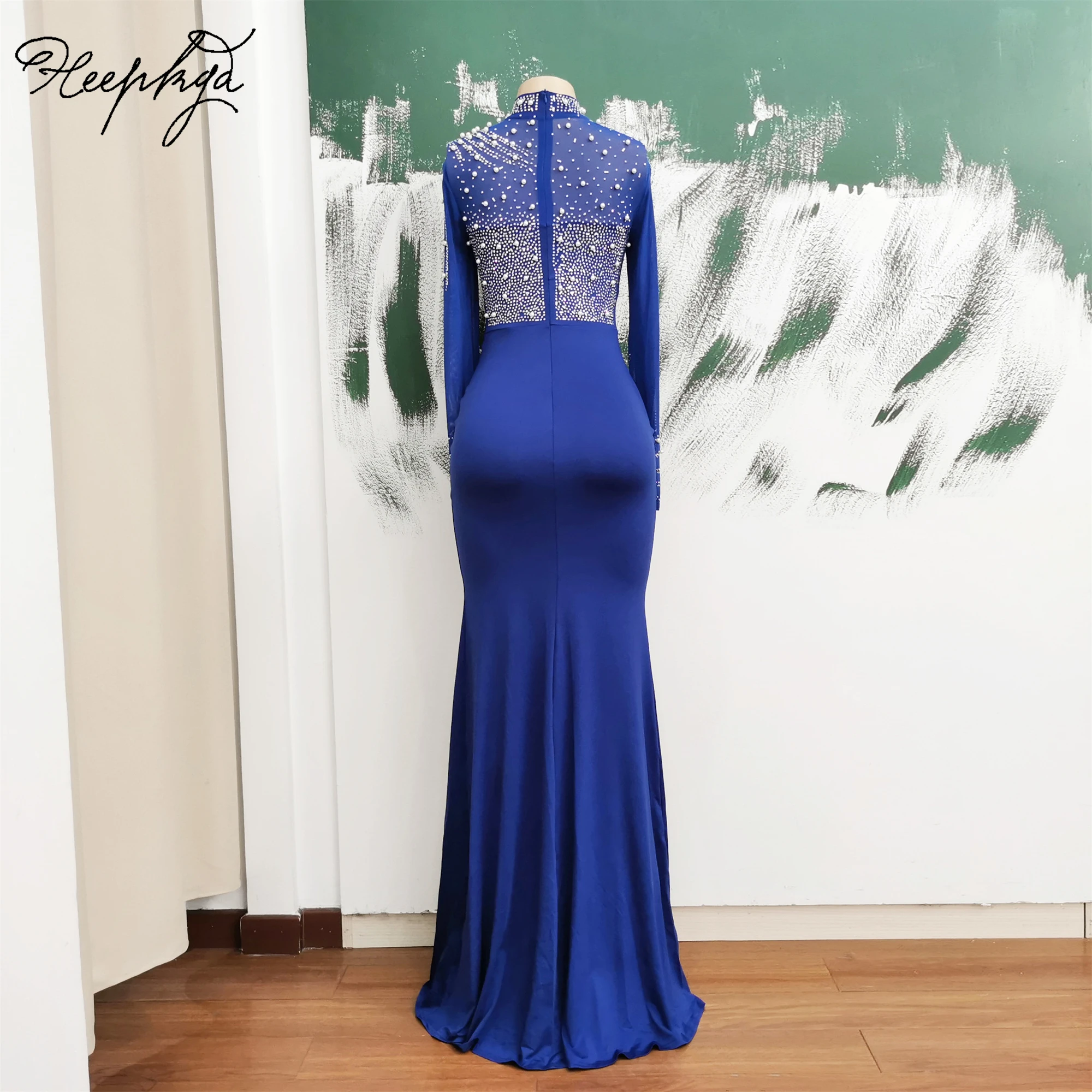 Long Mermaid Royal Blue Evening Dress With Split High Neck Full Sleeves Silver Crystals Luxury Special Occasion Gowns For Party