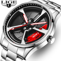 LIGE Fashion Mens Car Wheel Watches Luxury Steel Waterproof Watch for Men Quartz Wrist Watches Male Clock Relogio masculino