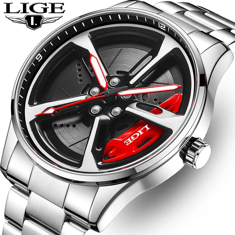 LIGE Fashion Mens Car Wheel Watches Luxury Steel Waterproof Watch for Men Quartz Wrist Watches Male Clock Relogio masculino
