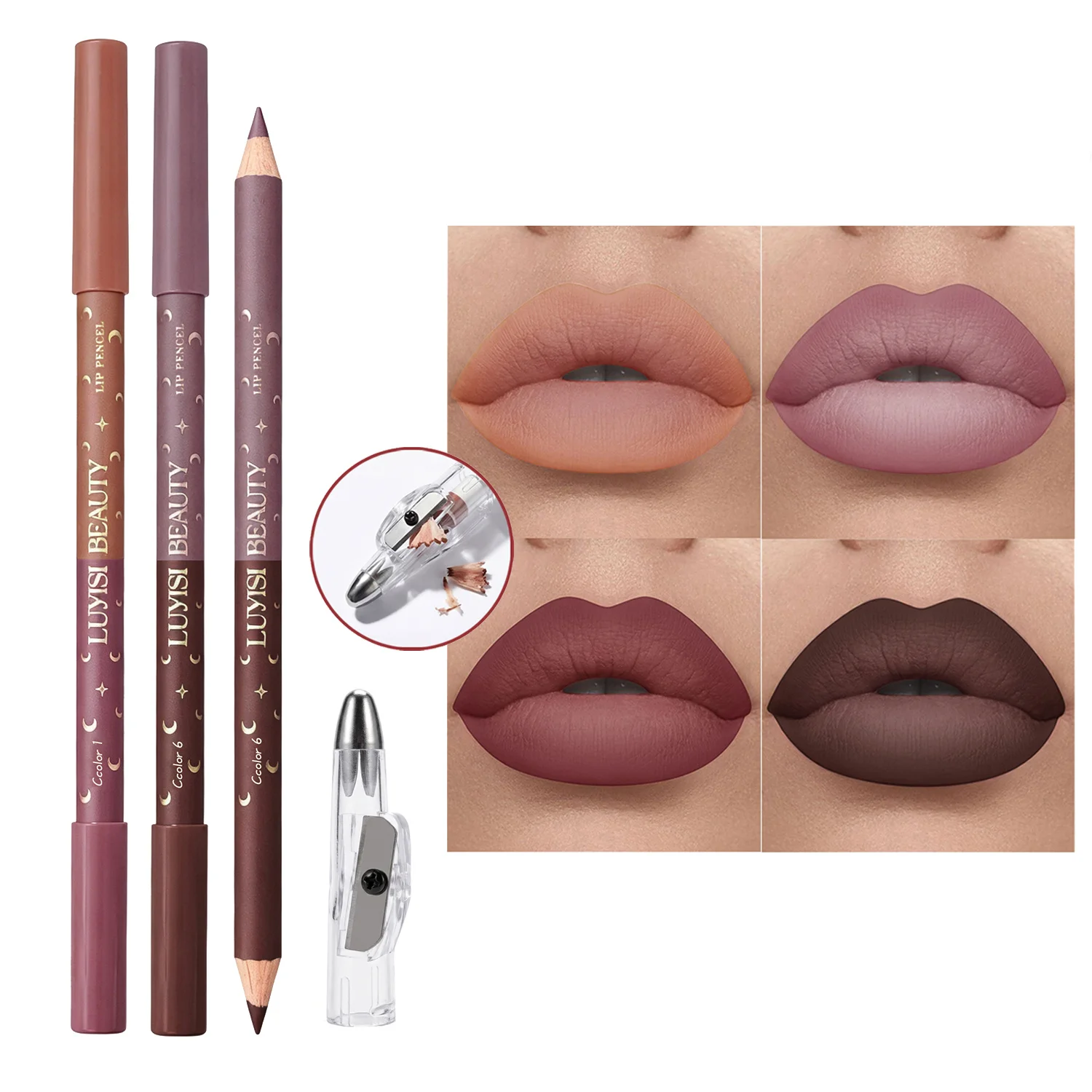 3pcs Velvet Double Ended Lip Liners+1pc Sharpener, Waterproof And Matte Finish, Precisely Outlines Lips And Provides Rich Color.