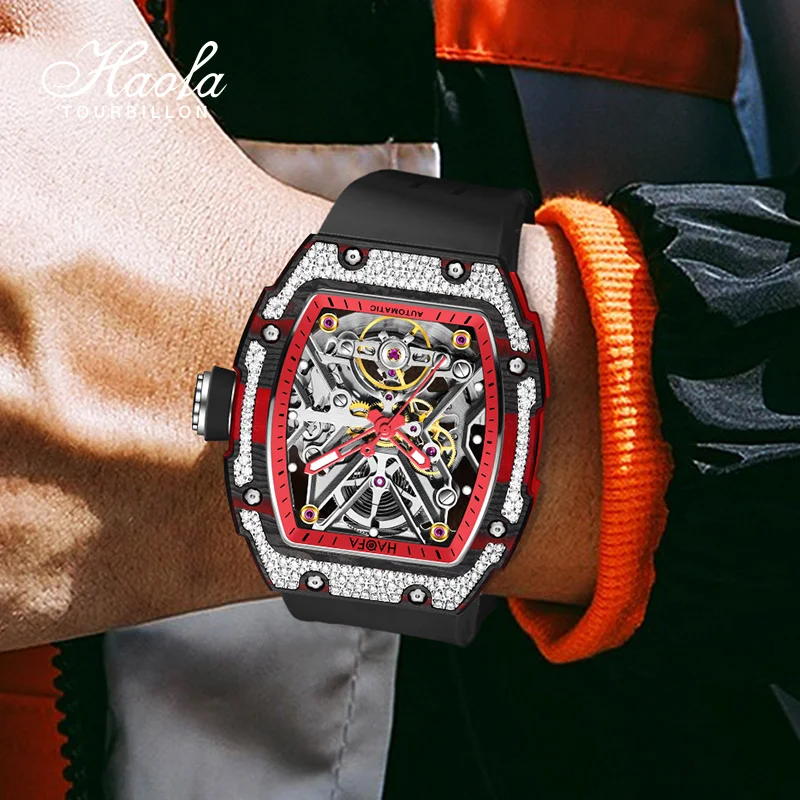 

Haofa автоматические механические светящиеся мужские часы с сапфировым стеклом, корпус из углеродного волокна, модные часы для мужчин, скелетон 1989