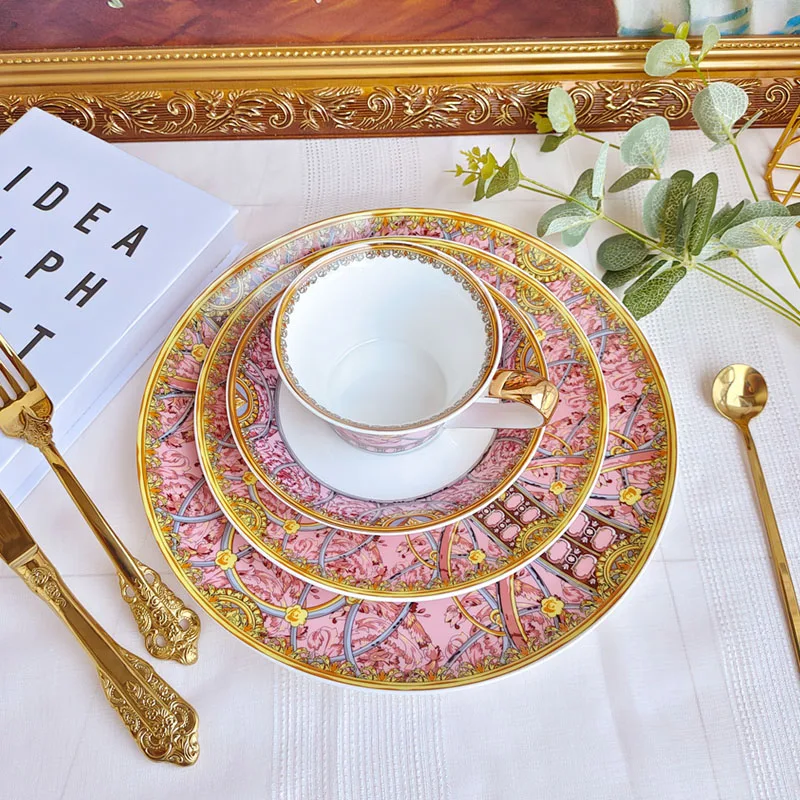 Ceramic tableware set, American style plate, pink coffee cups and saucers, Palace fashion, dining set, home and restaurant use