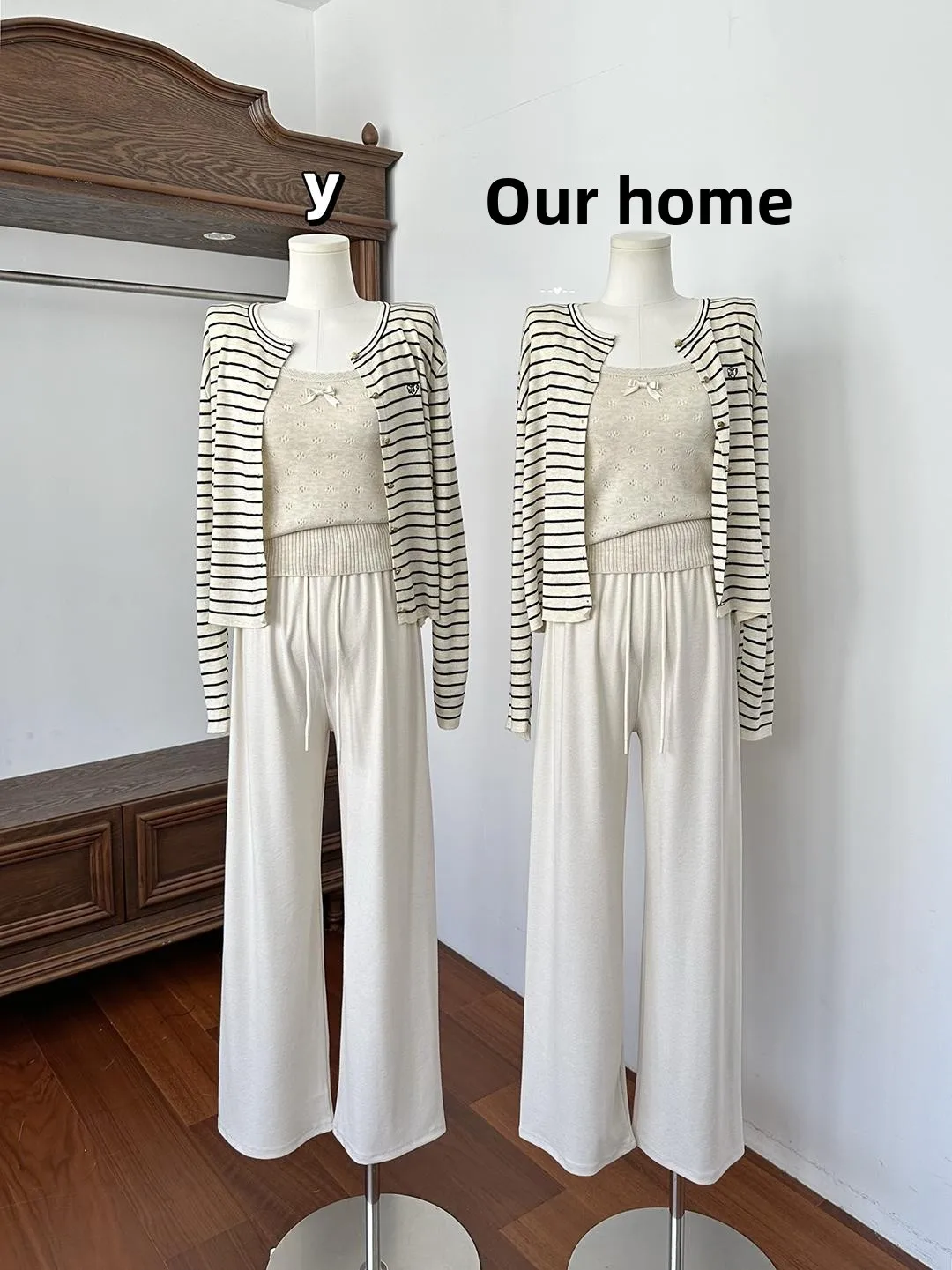 

Женский вязаный шерстяной открытый кардиган с узлом в полоску, топ и брюки, осенний костюм из двух предметов Faion