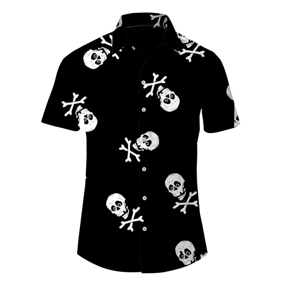 Skull Lapel Men\'s Shirt Horror 3d Print Casual Hawaiian Shirt Men\'s Retro Shirt Men\'s Street Button Short Sleeve Men\'s