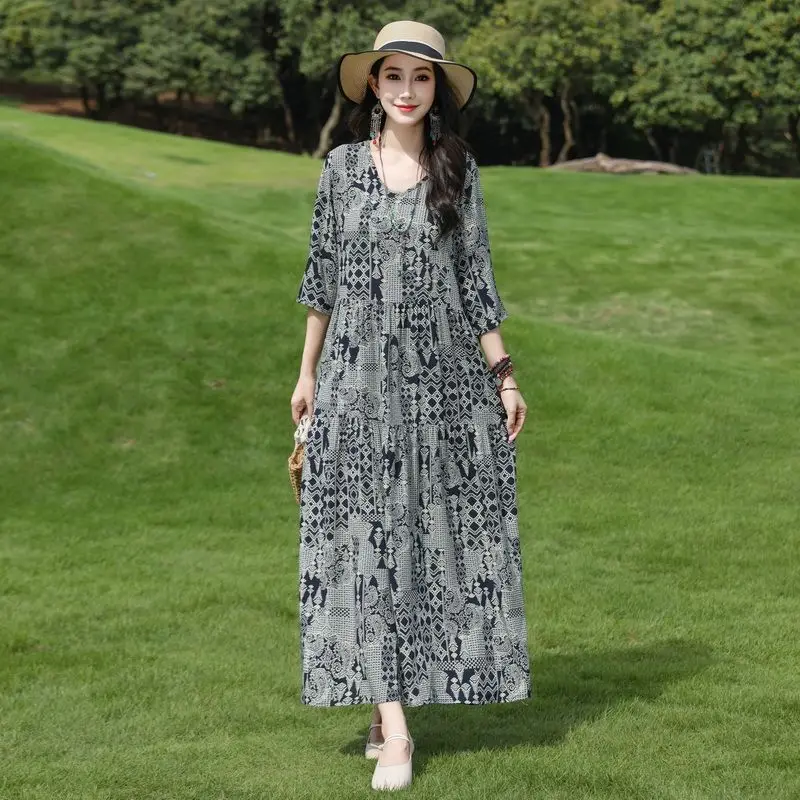 2026 Summer New Women's Cotton Linen Casual Dresses Bohemia Loose Fashion Print Round Neck Short Sleeve Long Holiday Dress D123