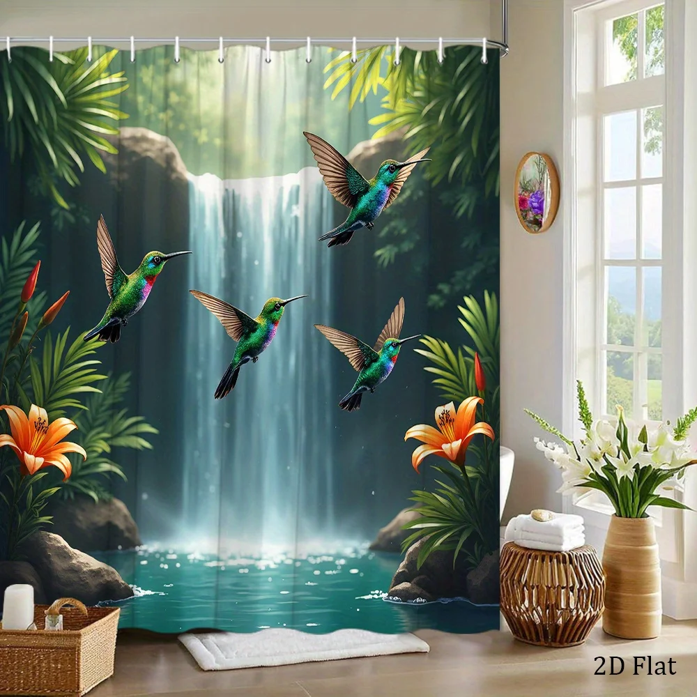 Hummingbird Waterfall Shower Curtain Tropical Birds, Lush Greenery & Orange Flowers, Nature Art Bath Curtain for Home Decor