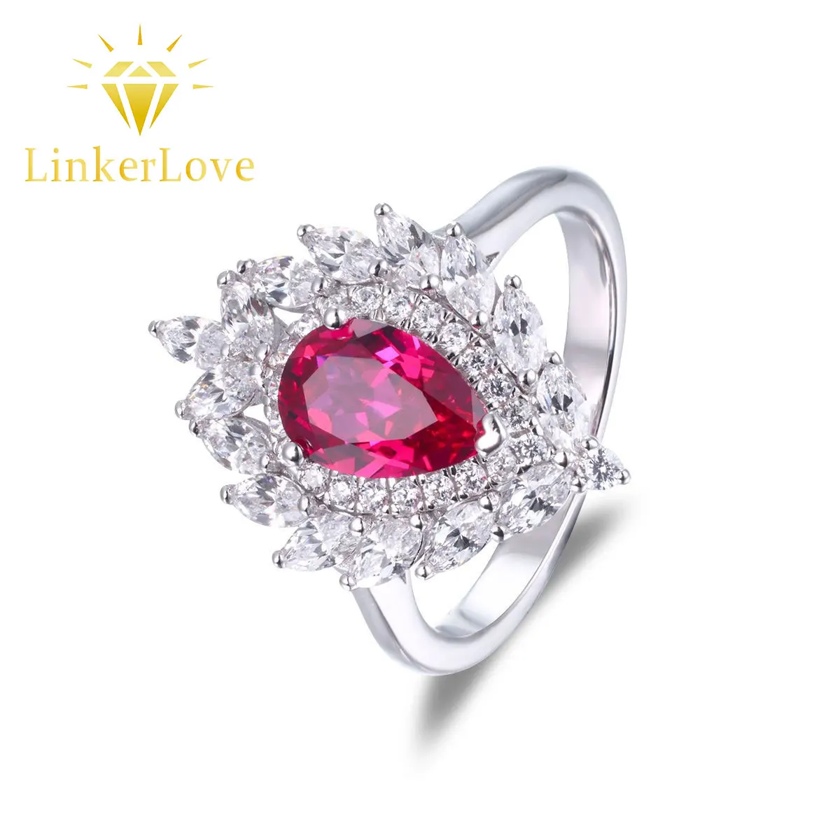 

LinkerLove S925 Sterling Silver Pear Shaped Ruby Ring Moissanite Halo Drop Earrings Bridal Jewelry Set for Women Wedding Gifts