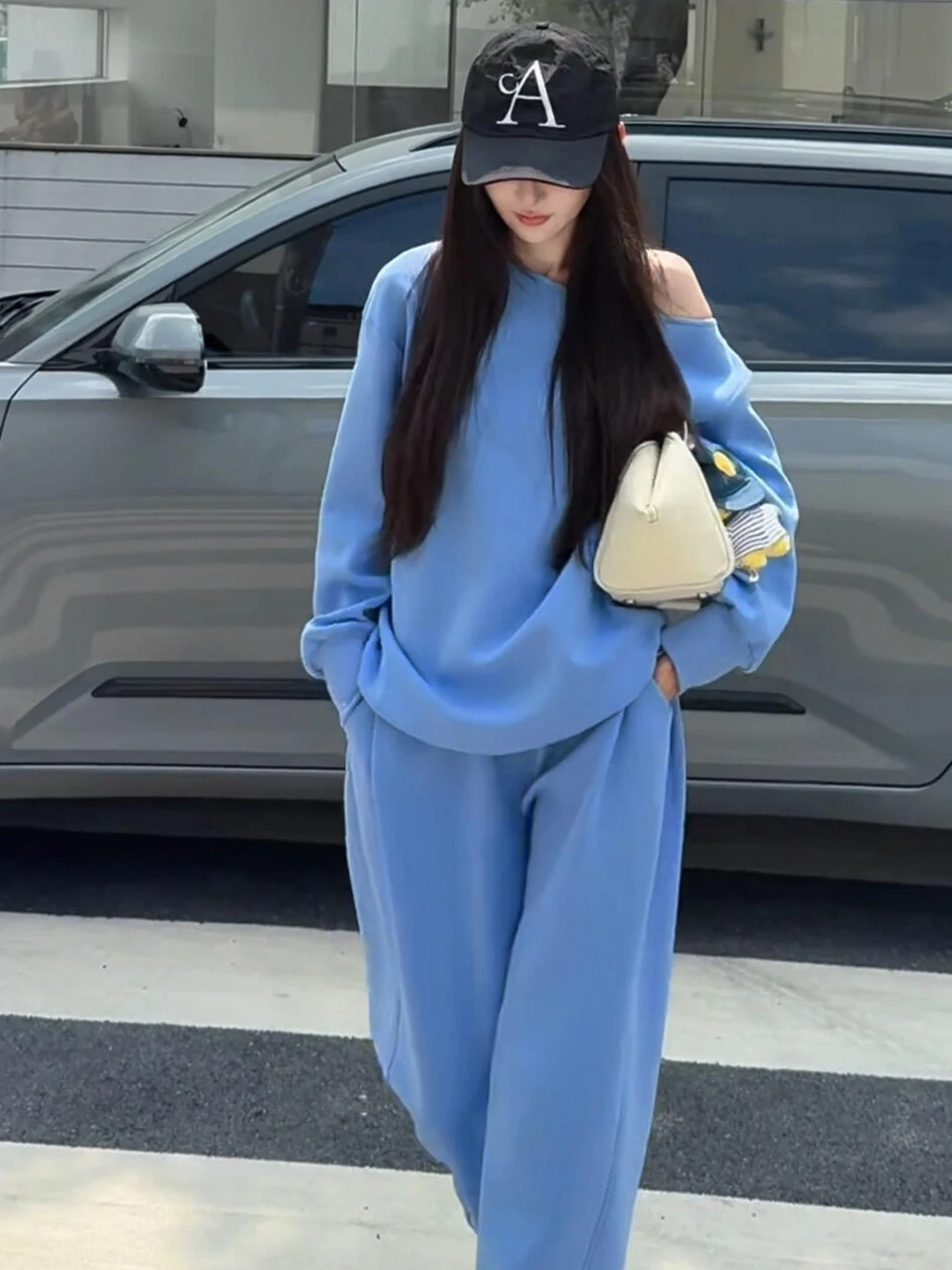 Elegant Sporty Shoulder Hoodie Set Women's Loose Long Sleeve Wide Leg Pants Two-Piece Blue Casual Fashion Autumn Collection