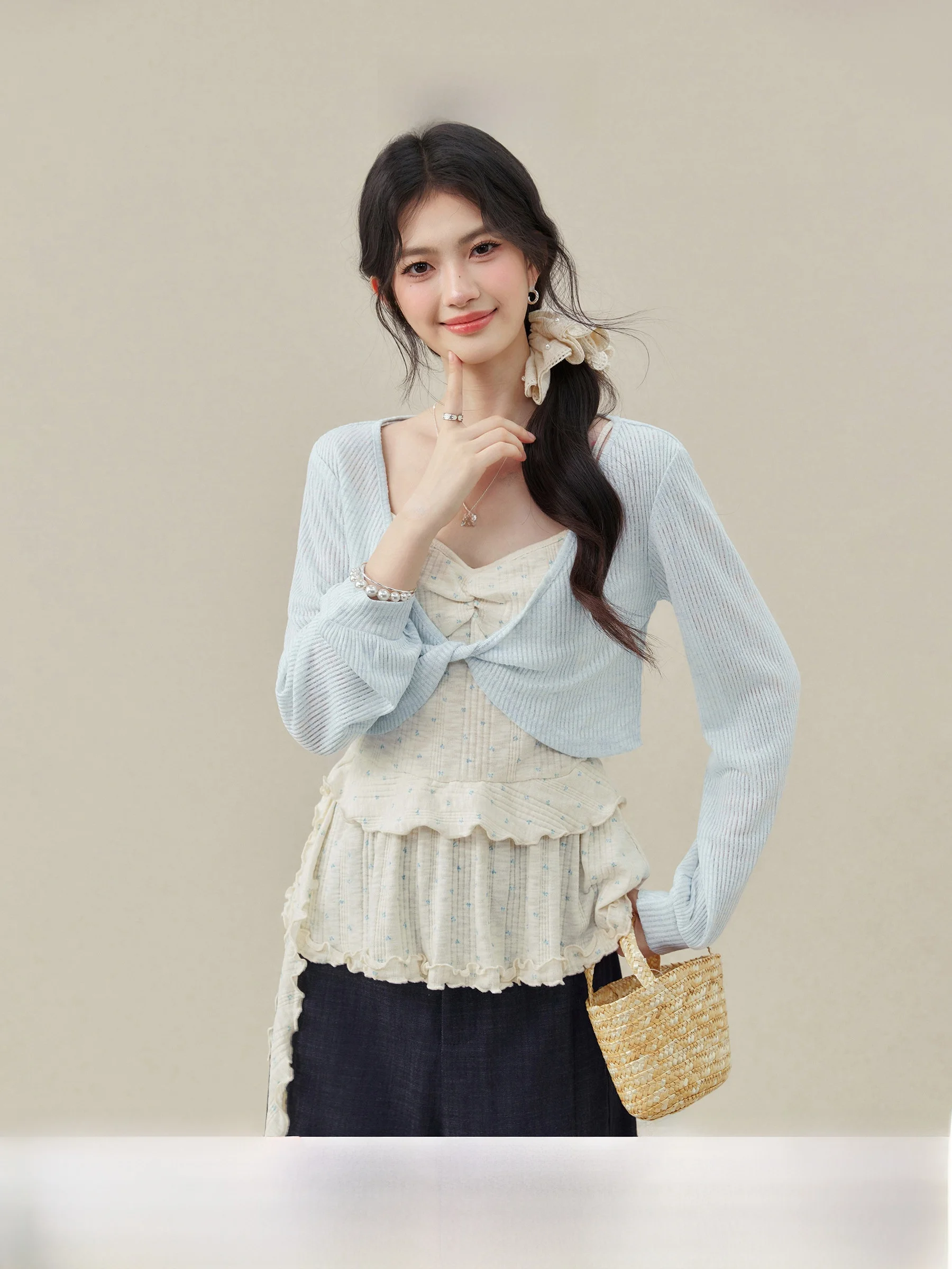 

Blue Slim Fit Long Sleeve T-Shirt Top Early Spring Fashionable Outfit Two Piece Set Light Blue Mist Wrap Commute Style Ladies