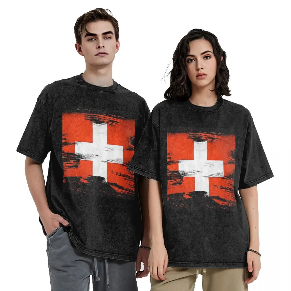 Swiss Switzerland Flag Hip Hop Short Sleeve T-Shirts Washed Tops Tees Streetwear T Shirt Oversized for Men Women