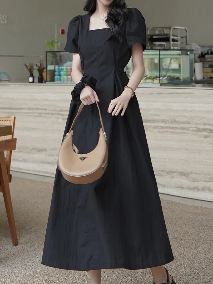 

Summer New plus Size Women's Loose Slimming Square Neck Short Sleeve Belted Dress Color High Waist Slim Long Dress