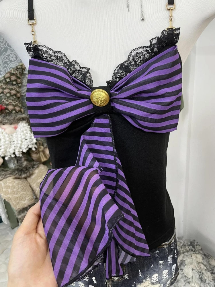 Y2k الجمالية الدانتيل المرقعة المرأة بروتيل Harajuku خمر شريط القوس الصيف الدبابات الشارع الشهير الجرونج مثير عارية الذراعين تانك القمم #5