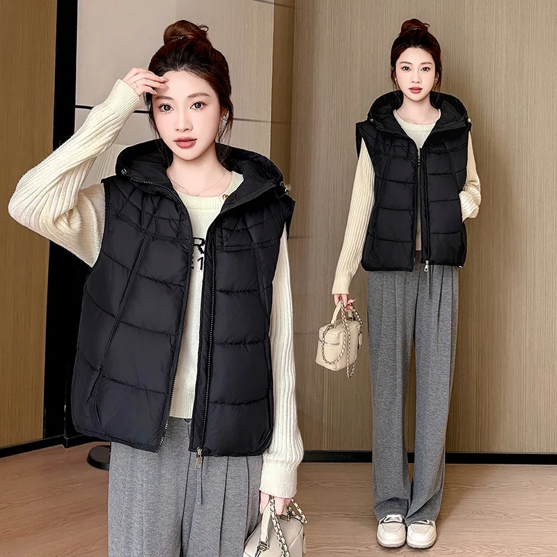 Autumn Winter Women Vest Jackets Solid Hooded Loose Puffer Quilted Padded Windproof Warm Pockets Warm Layering Outerwear Trend