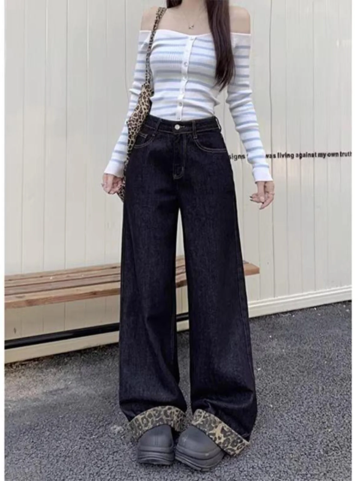 plus Size Women's Black Leopard Print Cuffed Denim Jeans Spring Autumn Loose Straight Leg Wide Leg Pants High Waist Zipper Cl...
