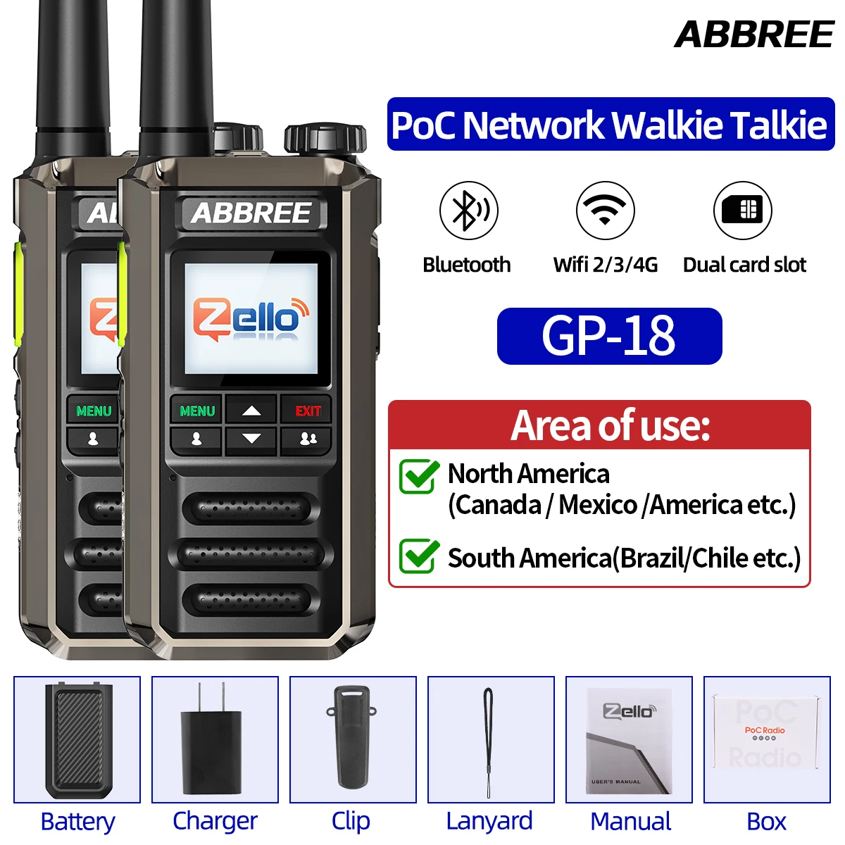 ABBREE GP-18 Zello PoC Radio Global Onbeperkt Afstand Dual Sim-kaartsleuven Android Bluetooth Zaklamp WIFI 3G /4G Netwerk Radio