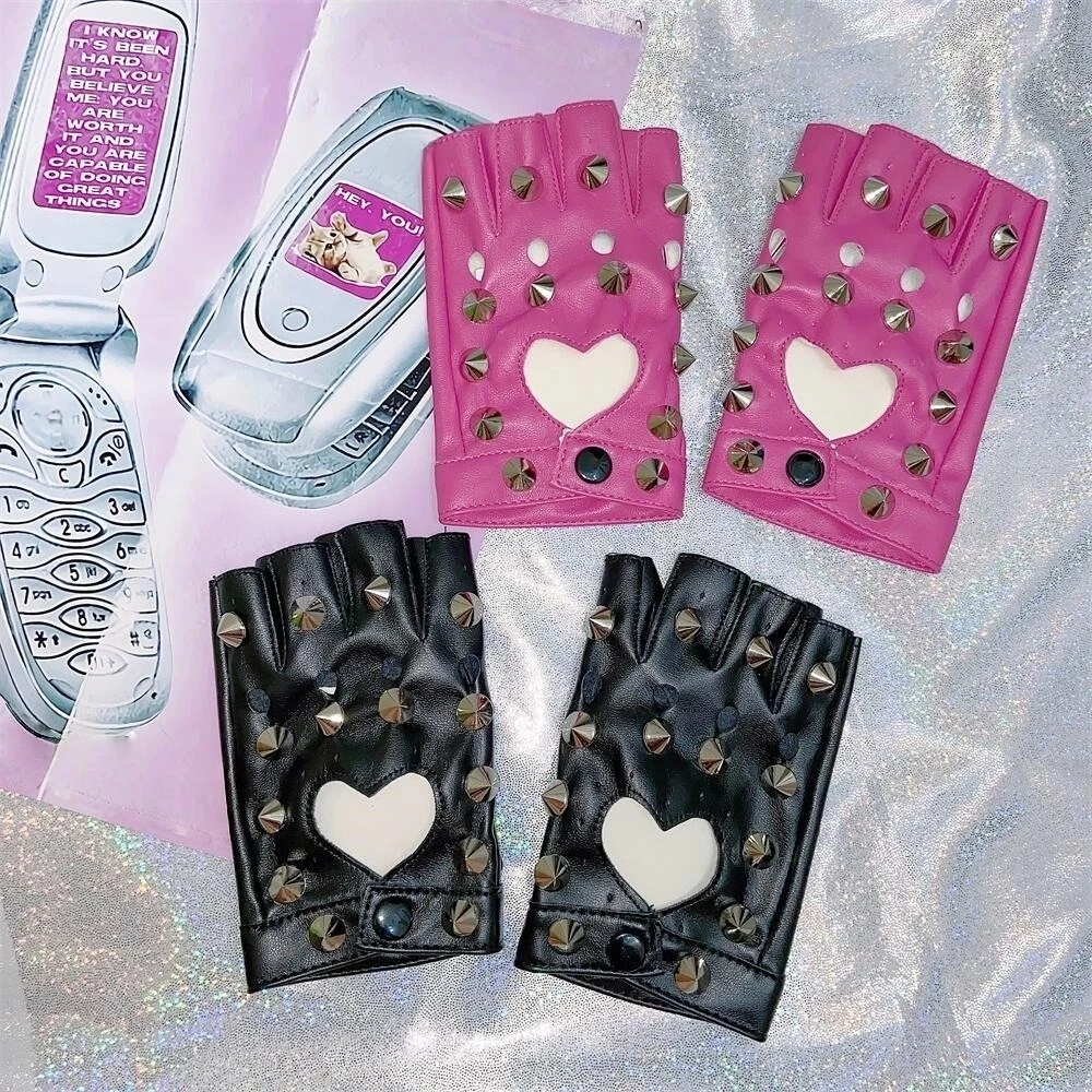 Motor Fingerless Rivet Gloves PU Leather Leopard Print Half-palm Gloves Gothic Y2K Patent Leather Gloves Girls