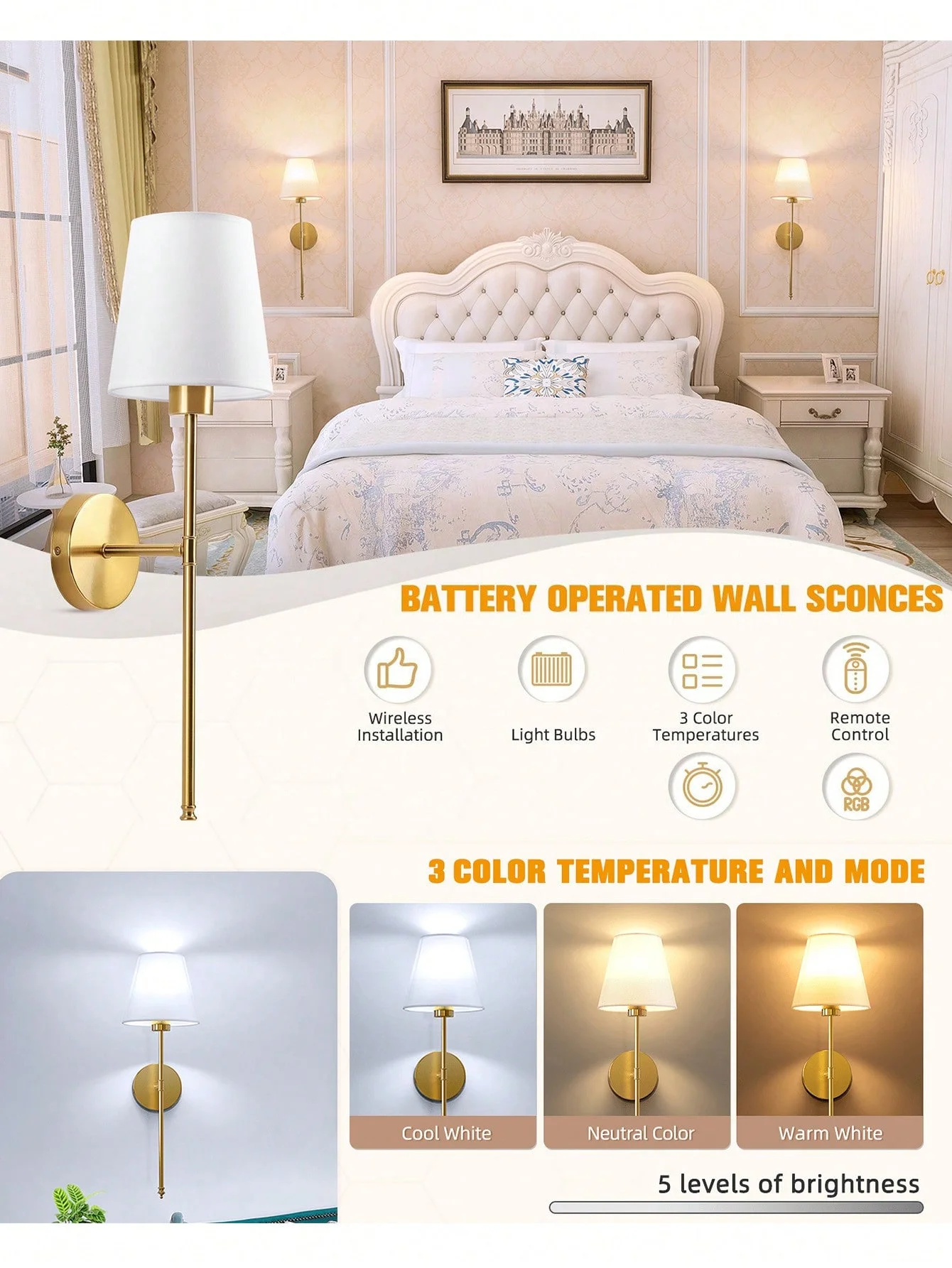 Battery Operated RGB Wall Lamp 2000mAh Rechargeable Wireless Wall Sconce Mirror Front Lights For Living Room Bedroom Hallway Bat