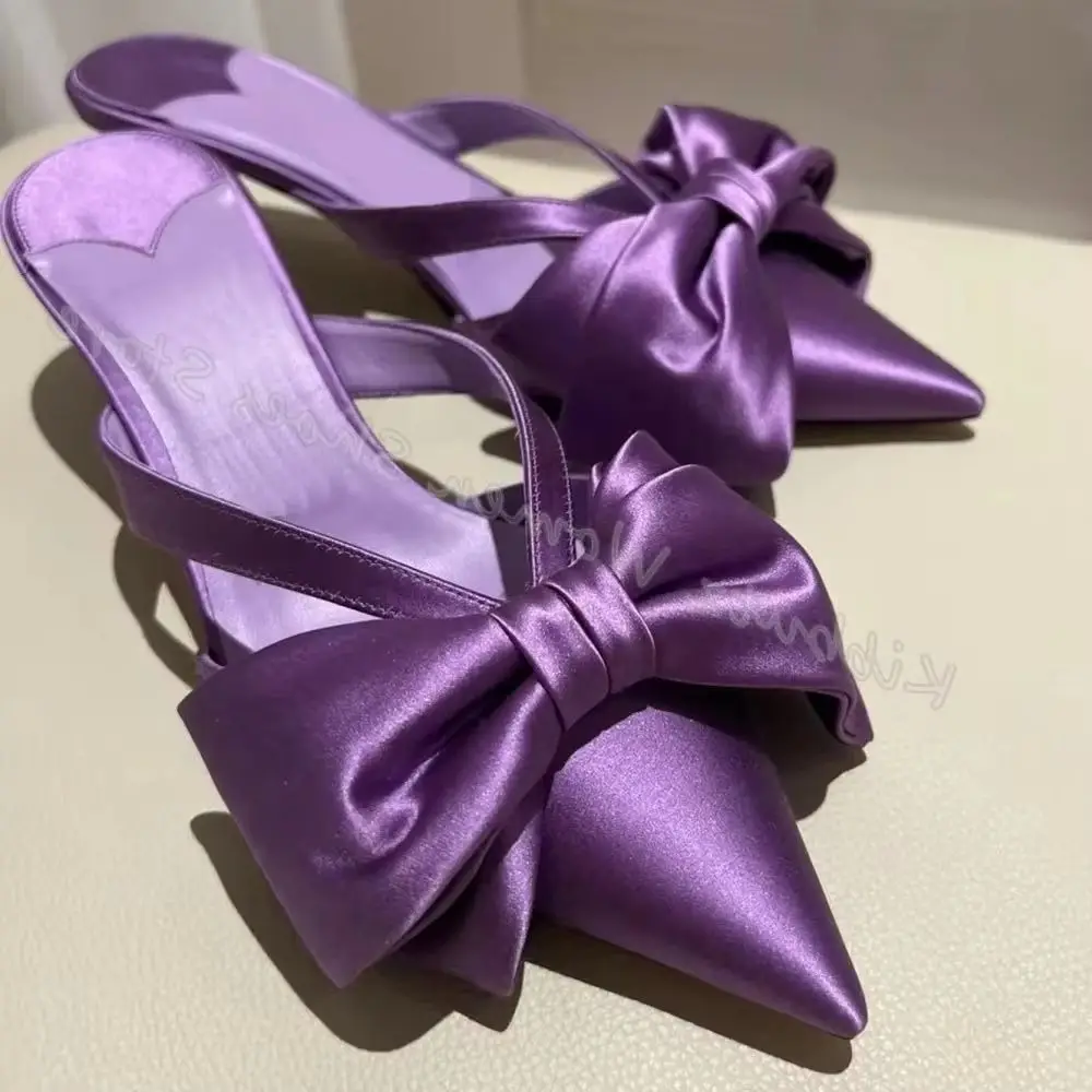 شباشب من الساتان بعقدة على شكل فراشة أرجوانية سادة موضة ضحلة أنيقة ومثيرة عالية للنساء بمقدمة مدببة وكعب رفيع صنادل سهلة الارتداء أحدث