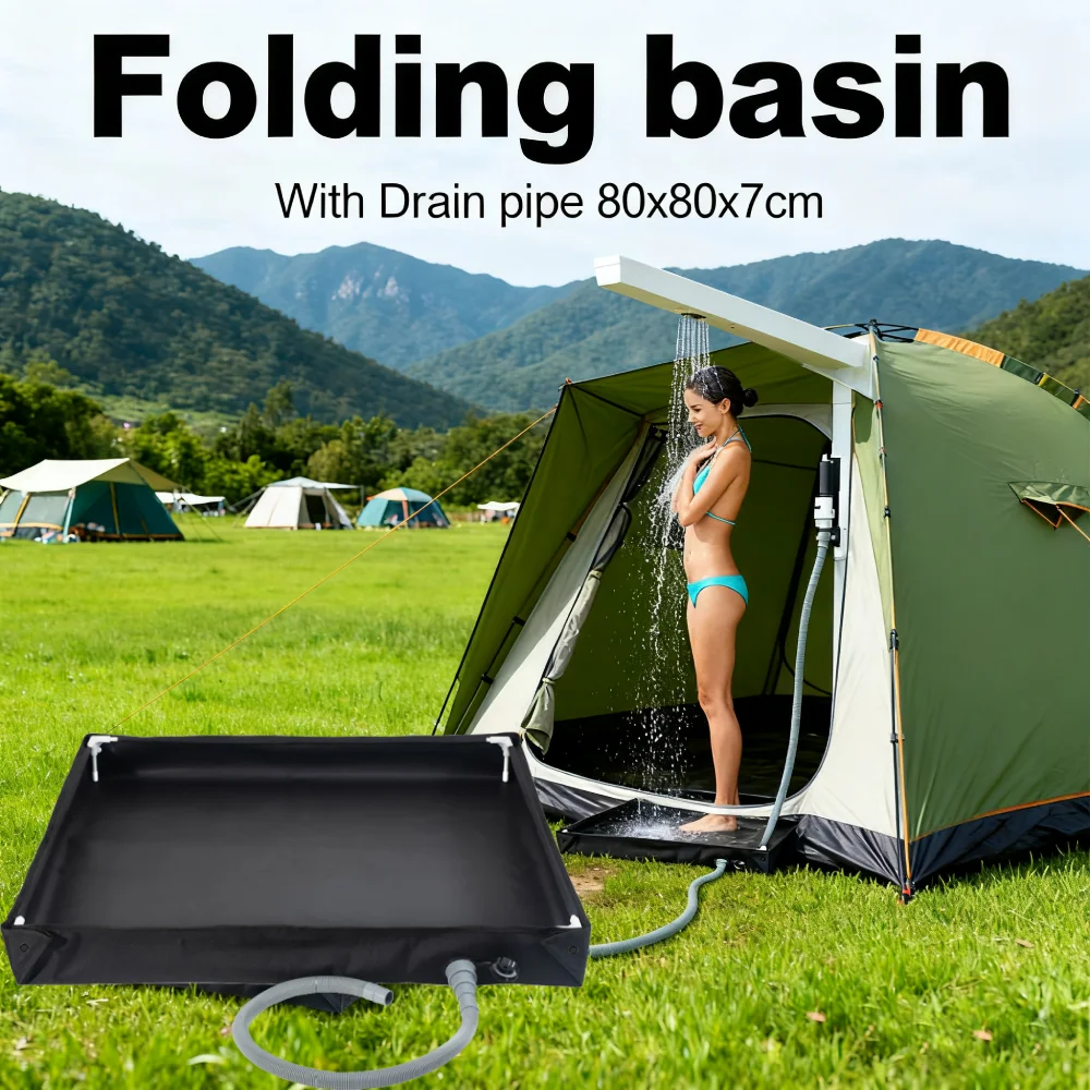 

80x80cm Foldable Shower Base Stable Support 80cm Drain Hose Shower Tray for RV Beach Pet Bath Kids Sand Pool Outdoor Use