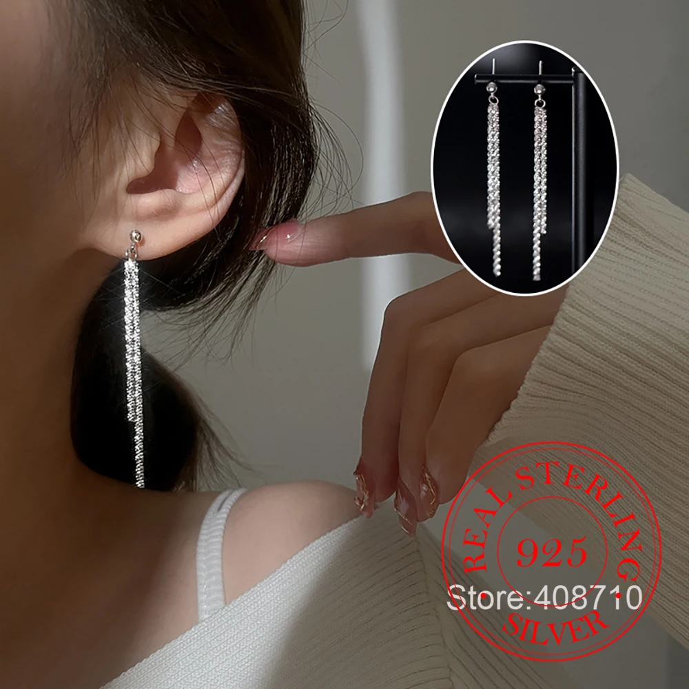 

Ювелирные изделия из стерлингового серебра 925, длинные серьги-гвоздики с кисточками и блестящими линиями для женщин, ювелирные изделия для свадебной вечеринки для девочек, подарок другу