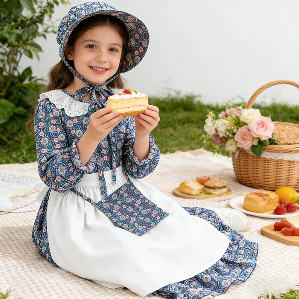 Medieval Vinatge Pastoral Style Princess Dress for Girls Flower Print Long Dress Kids Prairie Pioneer Dress Floral Casual Dress