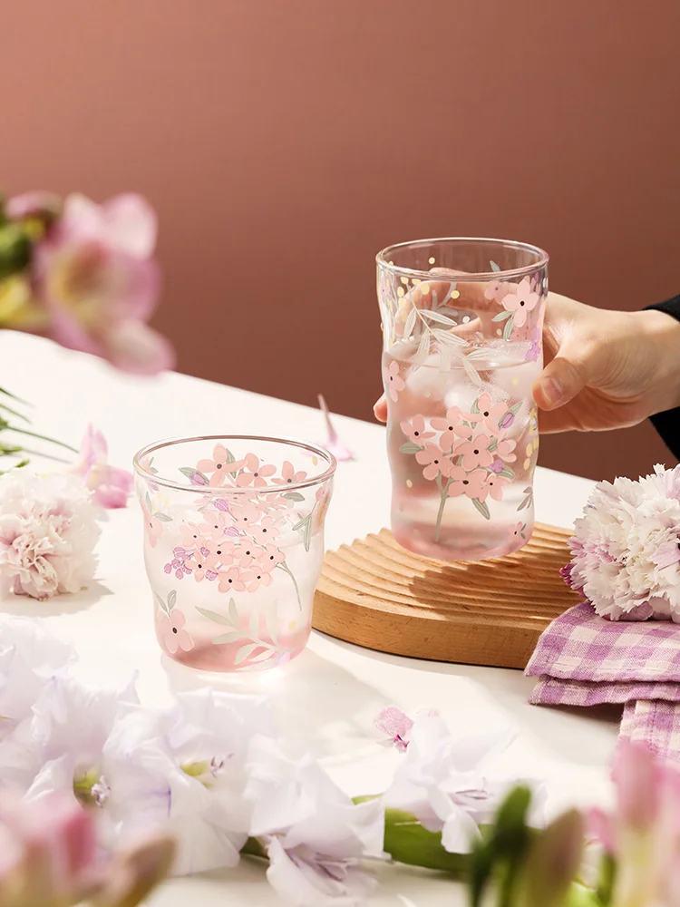 Spring Ins Popular Glass Cup 375ml 450ml Hyacinth Floral Printed Japan Style Round Cups Girls Home Office Juicy Milk Drinkware