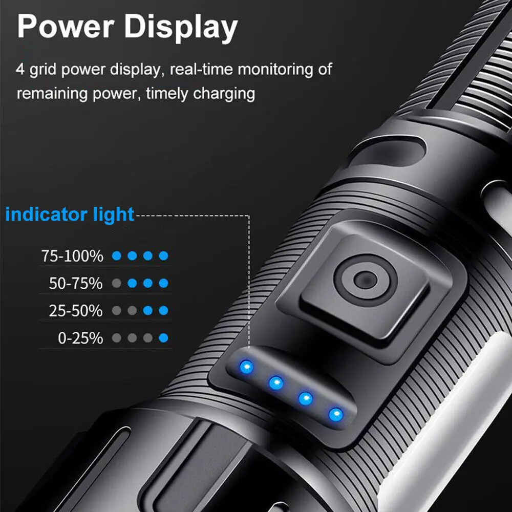 Powerful Long Range LED Flashlight High Lumens Type-C Rechargeable With Side Light Output Power Bank Zoom Linterna Torch Light