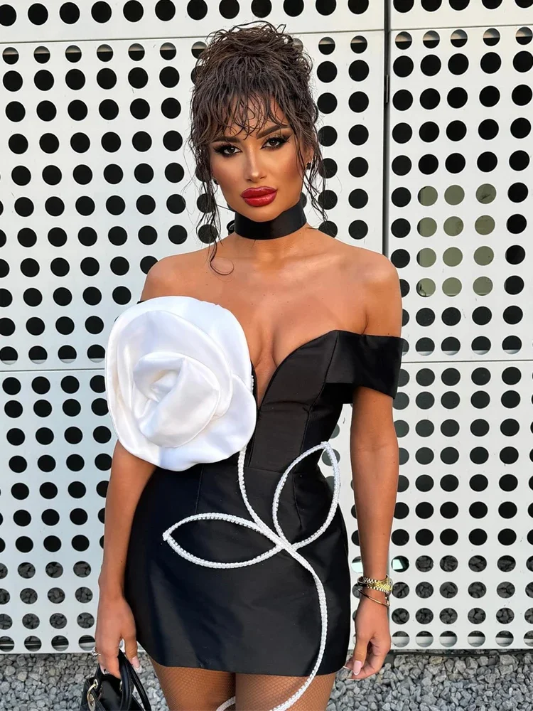 Sexy Off Shoulder White Big 3D Flower Beaded Womne Mini Dress Black Sleeveless Bodycon Dresses Celebrity Party Evening Gowns