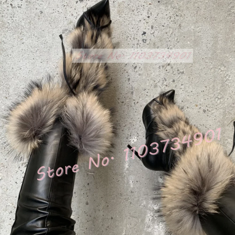 Furry Snake Strap Boots Women Elegant Slip On Pointy Toe Mid Calf Thin High Heels Shoes Female Sexy Fashion Patent Leather Boots