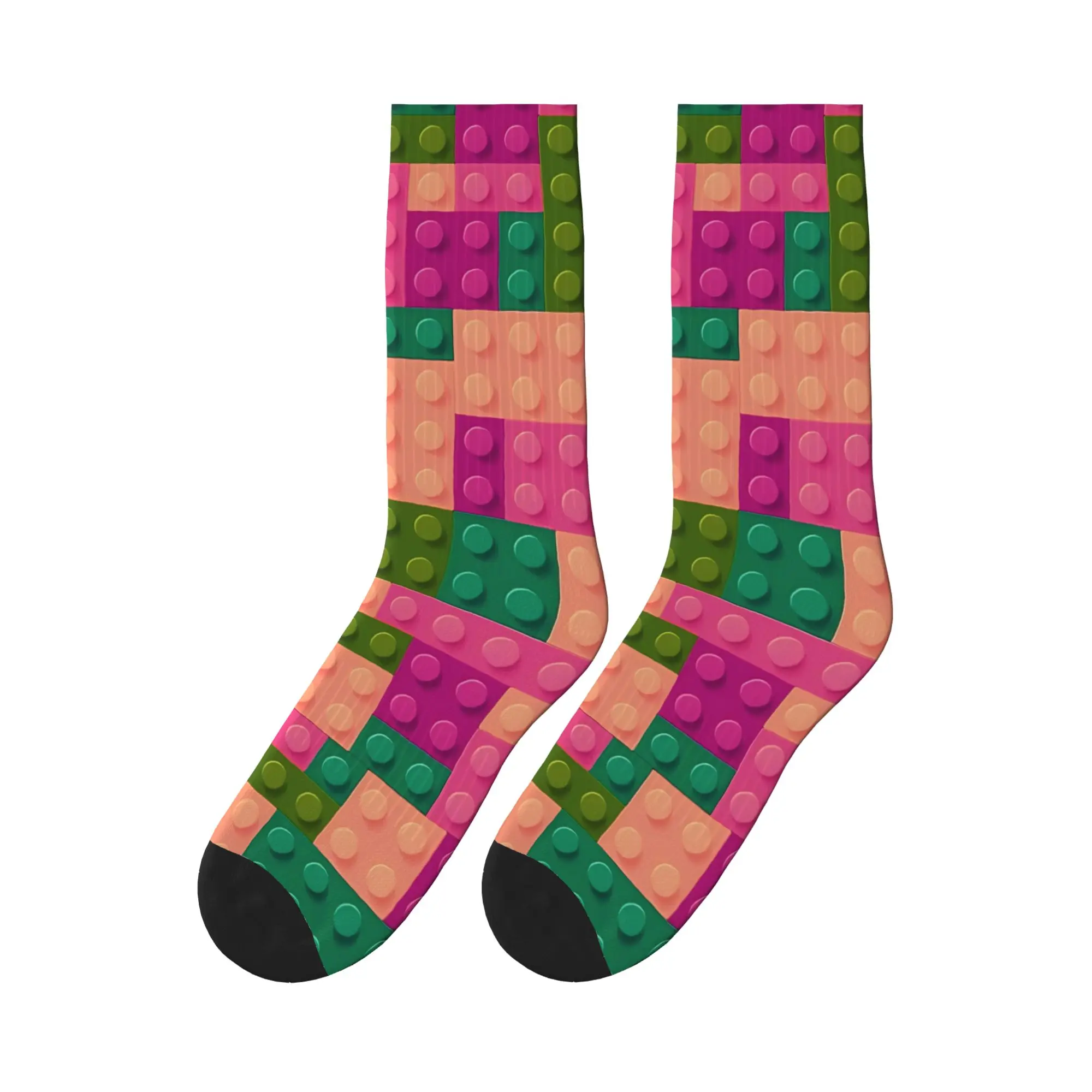 Pink Green Building Blocks Pattern Socks Graphic Stockings Non Slip Adults Men Socks Soft Breathable Spring Kawaii Cycling Socks