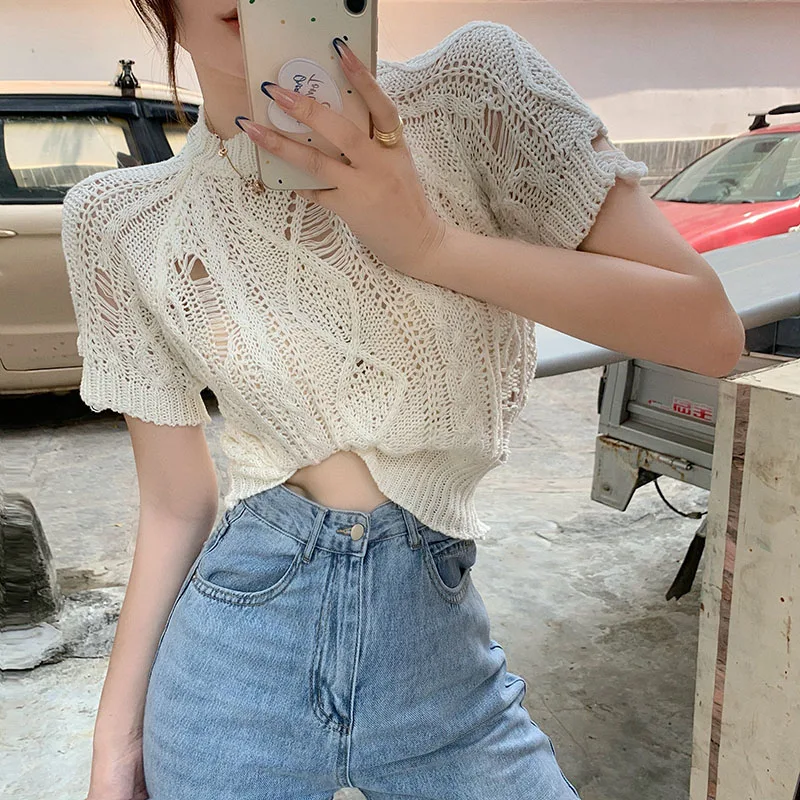 

Women's New Summer Hollow Out Slim Short T-shirts 2021 Knitwear T-shirt Female Design Sense Niche Sexy Thin Short Sleeve Tops