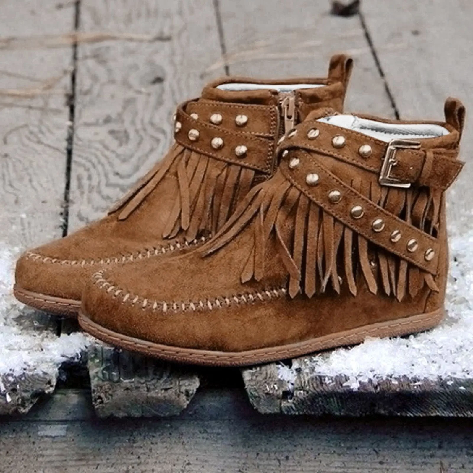 Ladies Casual Vintage Solid Color Fringe Booties Comfortable Flat Mid Cylinder Round Head Plus Taupe Boots for Women with Heel